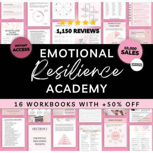 comprehensive mental wellness bundle: emotional resilience academy workbook, mental health guides, guided journal prompts, and therapy worksheets for goodnotes +bonus(books)